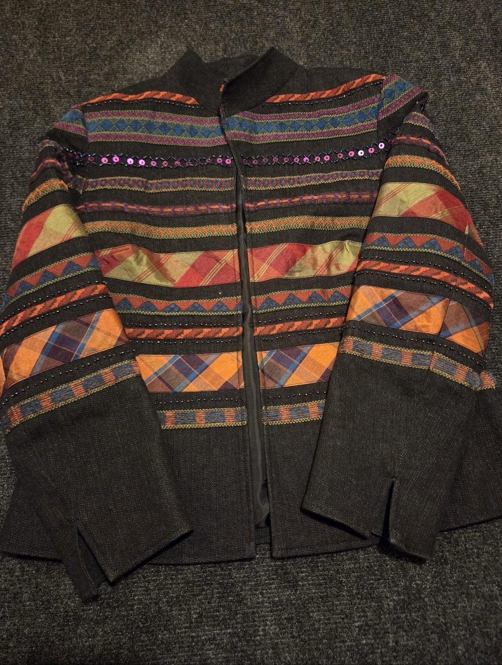 Coldwater Creek Black Jacket Colorful Geometric Sleeve Panels